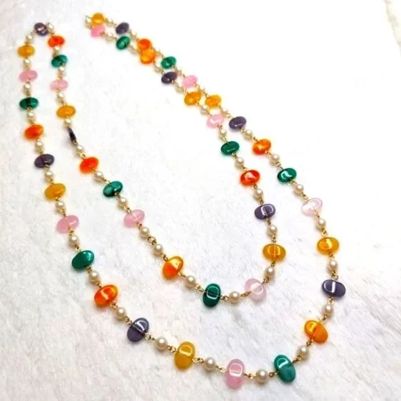 Vintage Natural Stone/Quartz Necklace w/ Faux Pearl Accents - 48" Long - Picture 3 of 8